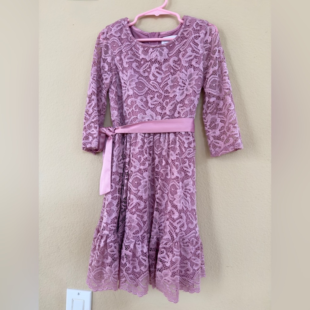 Us Angels Blush Lace Dress with Ribbon Accent
